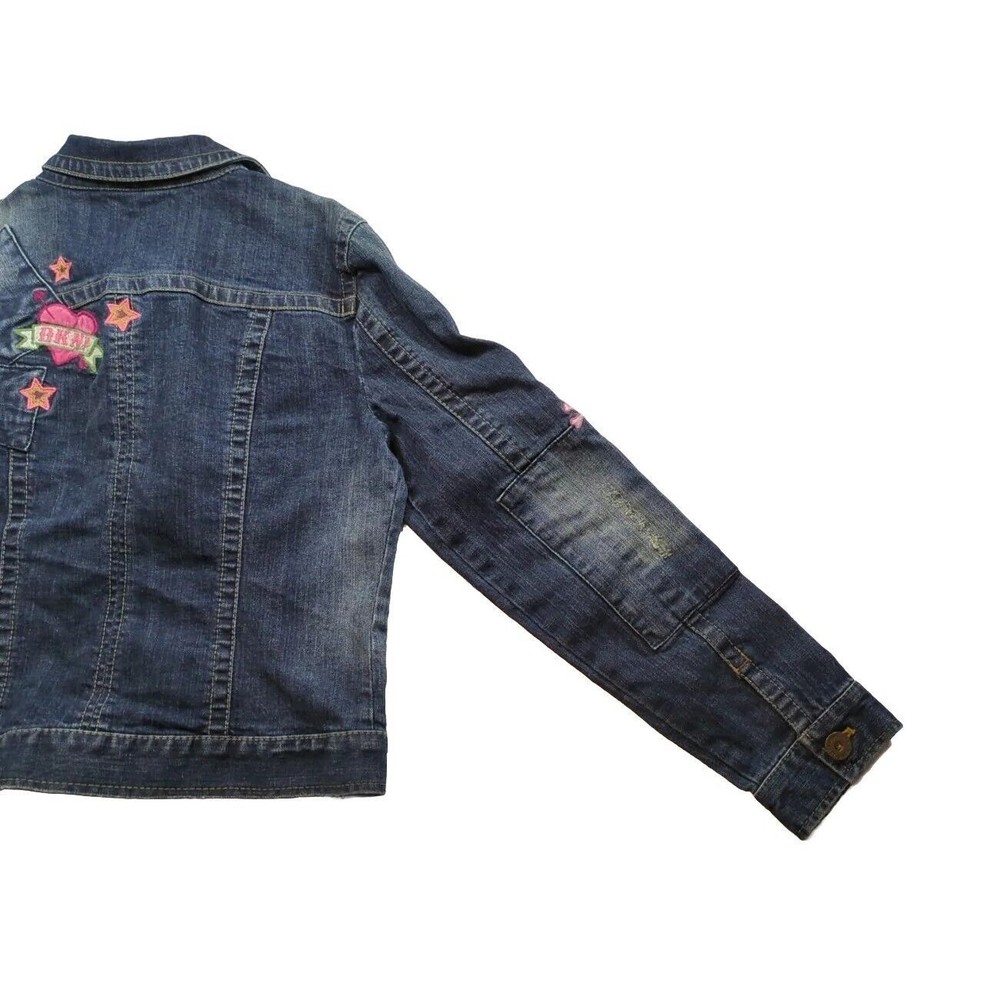 DKNY Juniors Jacket Blue Denim Collared Buttons Patches And Heart Logo Size L - Picture 15 of 16